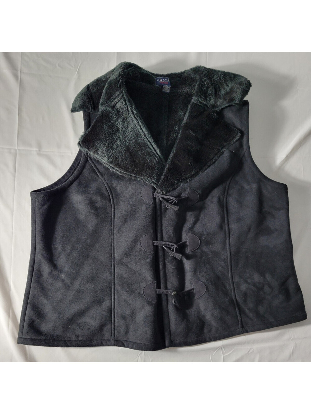 CHAPS DENIM Women's Suede Faux Fur Lining Vest Toggle Button Black Size 2X